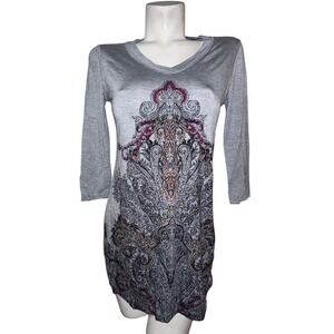Soma Live Lounge Wear Gray Paisley Print V Neck 3/4 Sleeve Tunic Top XSmall